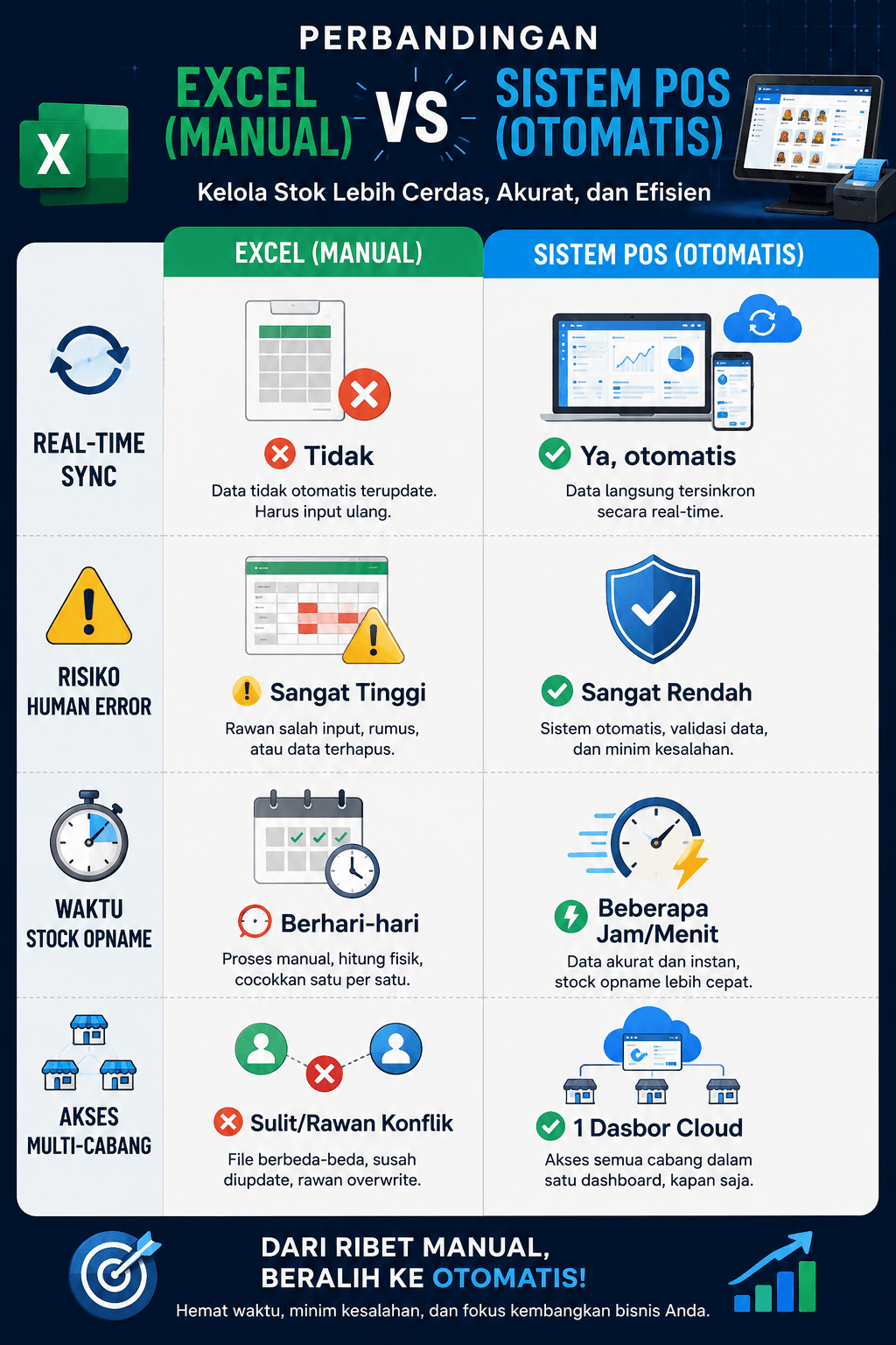 Infografis perbandingan pembukuan stok manual excel vs sistem point of sales modern.
