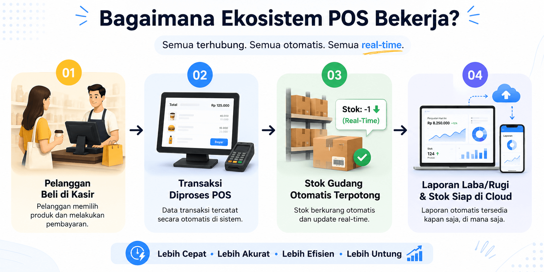 Alur kerja sistem point of sales memotong stok gudang secara otomatis dan real time.