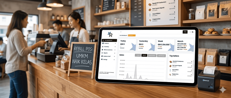 Tampilan antarmuka dashboard aplikasi kasir ReBill POS pada perangkat smartphone dan tablet untuk kelola UMKM.