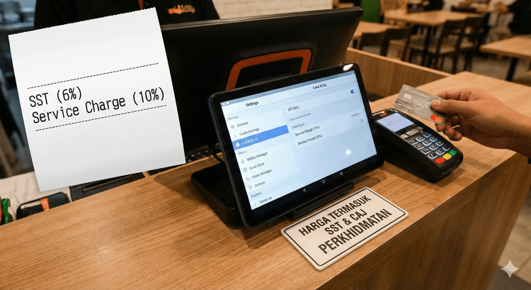 Contoh pengiraan cukai SST dan caj perkhidmatan pada resit sistem POS restoran.