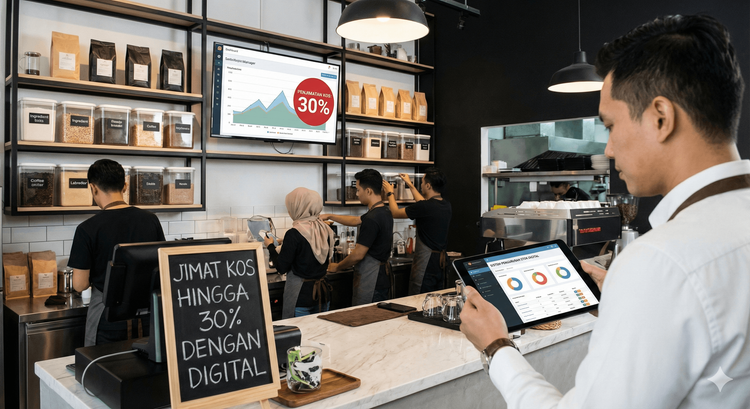 Pemilik bisnes wanita sedang menyemak stok inventori menggunakan tablet digital di gudang restoran.