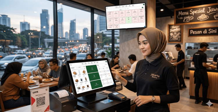 Tablet mesin POS coffee shop memaparkan ciri pesanan meja dan pengurusan stok daripada perisian ReBill POS.
