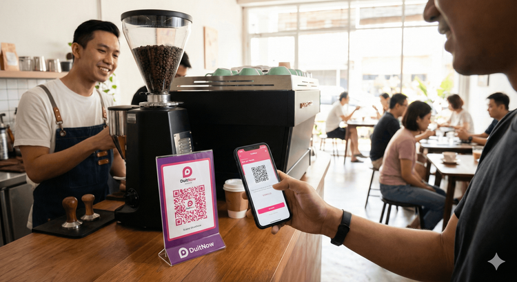 Pemilik restoran menggunakan sistem POS ReBill dan DuitNow QR di kaunter bayaran.