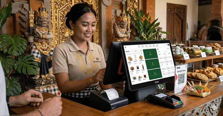 Tablet kasir coffee shop yang menampilkan fitur pesanan meja dan manajemen stok dari aplikasi kasir ReBill POS.
