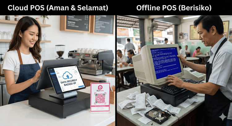 Perbandingan keselamatan data antara sistem POS Cloud dan sistem kasir offline untuk restoran.