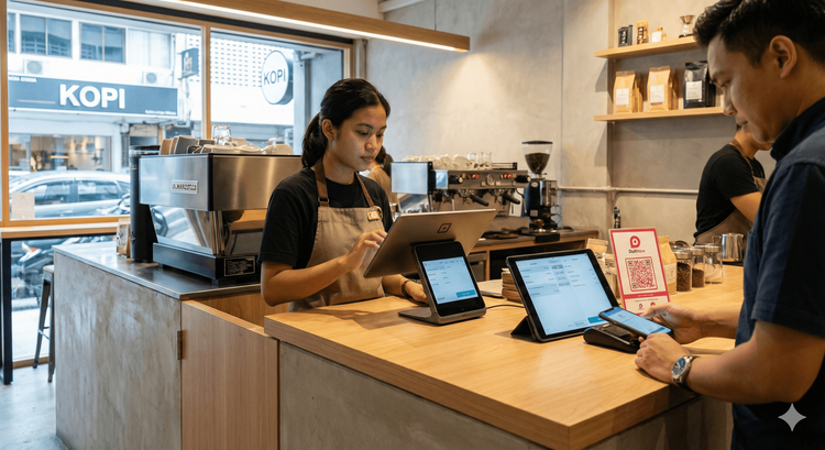 Perbandingan visual antara mesin cashier lama (ECR) dan sistem POS tablet moden di kaunter bayaran kedai Malaysia.