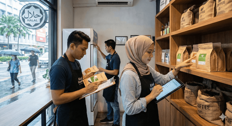 Pekerja sedang melakukan stock opname dan audit inventori di gudang menggunakan tablet sistem POS.