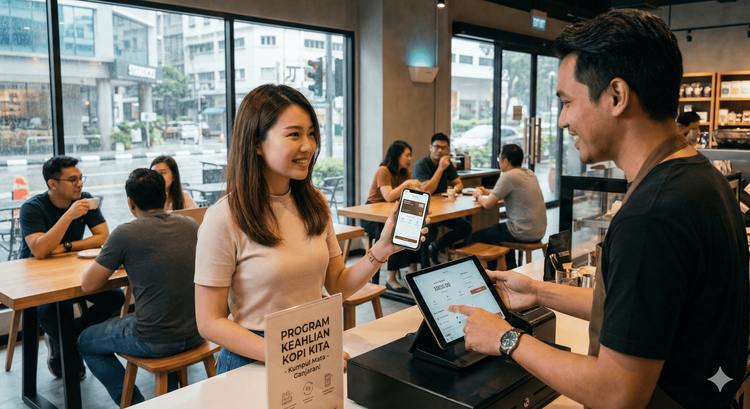 Pelanggan kedai kopi di Malaysia sedang mendaftar program keahlian digital menggunakan tablet sistem POS di kaunter.