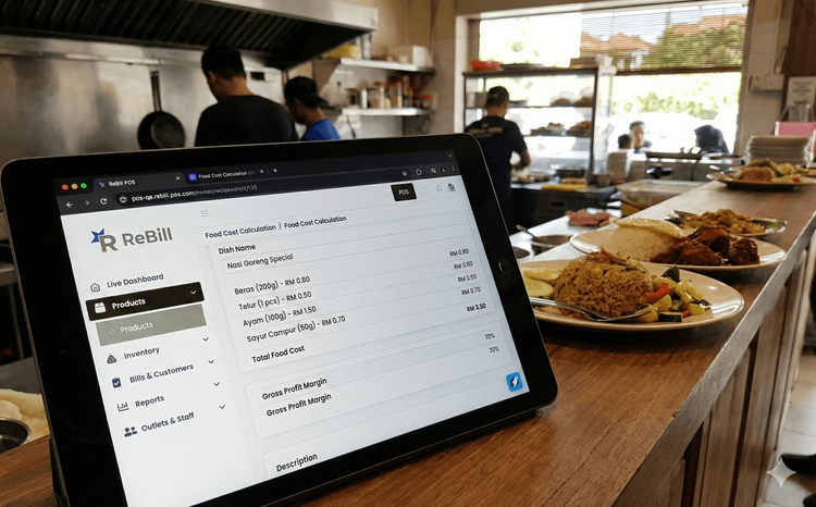 Paparan papan pemuka (dashboard) sistem POS ReBill yang menunjukkan pengiraan kos bahan mentah (Food Cost) secara automatik untuk bisnes restoran.
