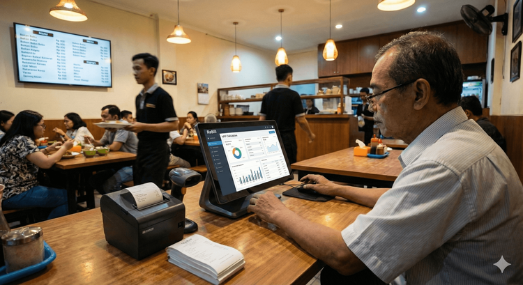 Illustration zur Berechnung des Wareneinsatzes (HPP) für Speisen und Getränke im Gastronomiebusiness mit einem POS-System.
