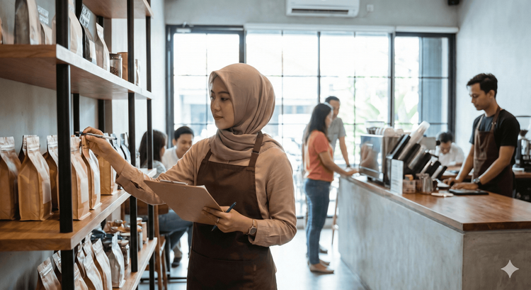 Staf gudang sedang melakukan perhitungan fisik barang menggunakan scanner barcode untuk stock opname