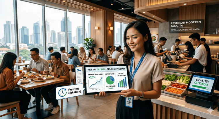 Ein Restaurantmanager verwendet ein Tablet, das ein Restaurant AI Forecasting Analyse-Dashboard mit Vorhersagekarten für Rohstoffbestände und Personalpläne anzeigt.