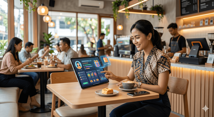 Ilustrasi sistem reward restoran modern yang menggunakan AI loyalty program dan personalisasi dari aplikasi kasir ReBill POS.
