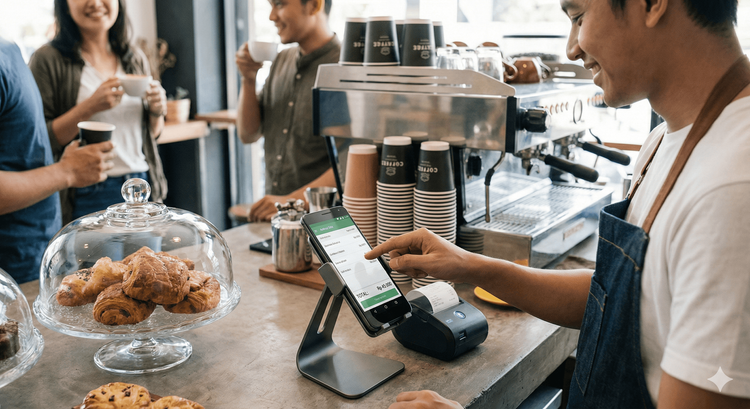 Android-Smartphone als günstige POS-Kasse für ein Café mit ReBill POS eingerichtet