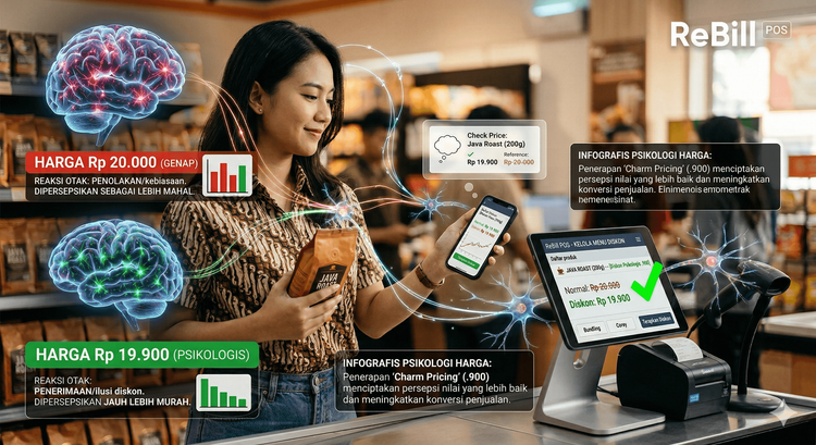 Infografis perbandingan otak pembeli saat melihat harga Rp 19.900 melawan Rp 20.000, di samping layar aplikasi kasir ReBill POS yang menampilkan menu diskon.