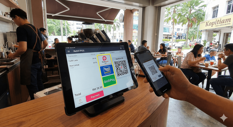 Paparan antaramuka sistem POS ReBill pada tablet di sebuah kafe di Malaysia, menunjukkan integrasi pembayaran digital.