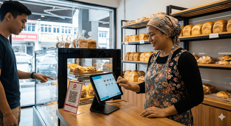 Pemilik kedai roti di Malaysia sedang menggunakan sistem POS tablet untuk merekod pesanan pelanggan dan menguruskan stok bakeri di kaunter.