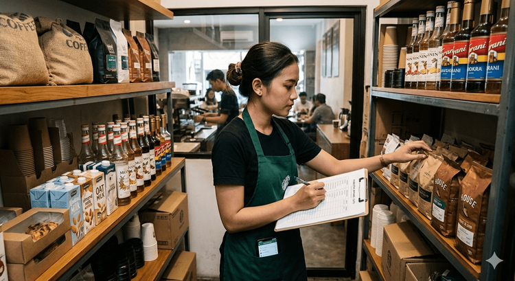 Staf toko dan barista sedang melakukan prosedur stock opname yang benar menggunakan tablet dan barcode scanner dengan aplikasi kasir ReBill POS.