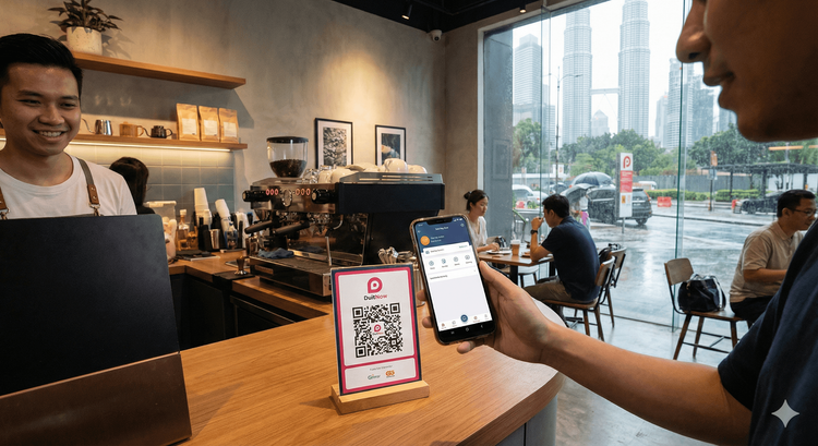 Ilustrasi juruwang di kafe moden Malaysia menggunakan tablet sistem POS Cloud yang memaparkan DuitNow QR dinamik untuk pembayaran pelanggan.